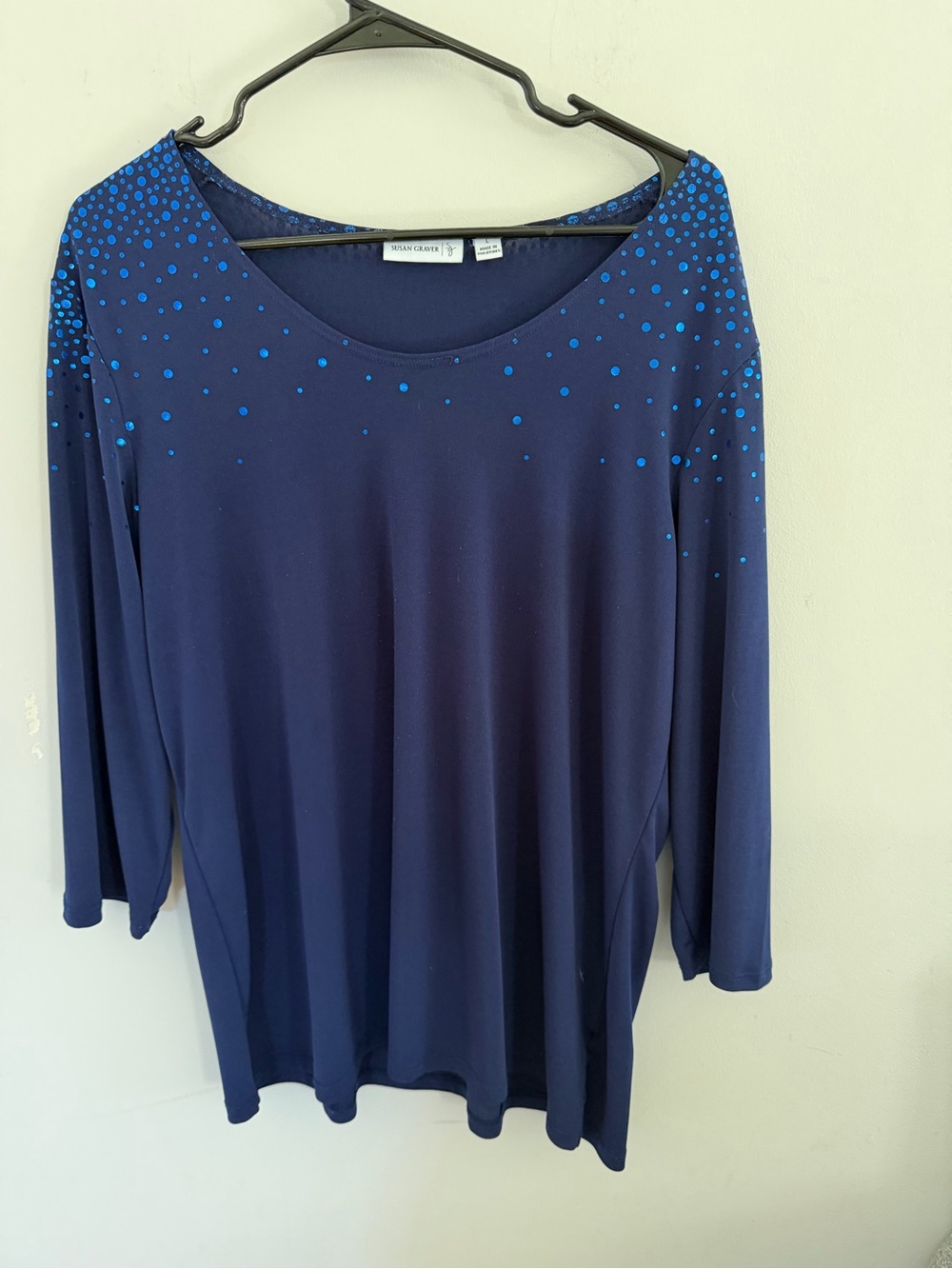 Susan Graver Navy Long Sleeve Scoop Neck Top with Bright Blue Dot Accents